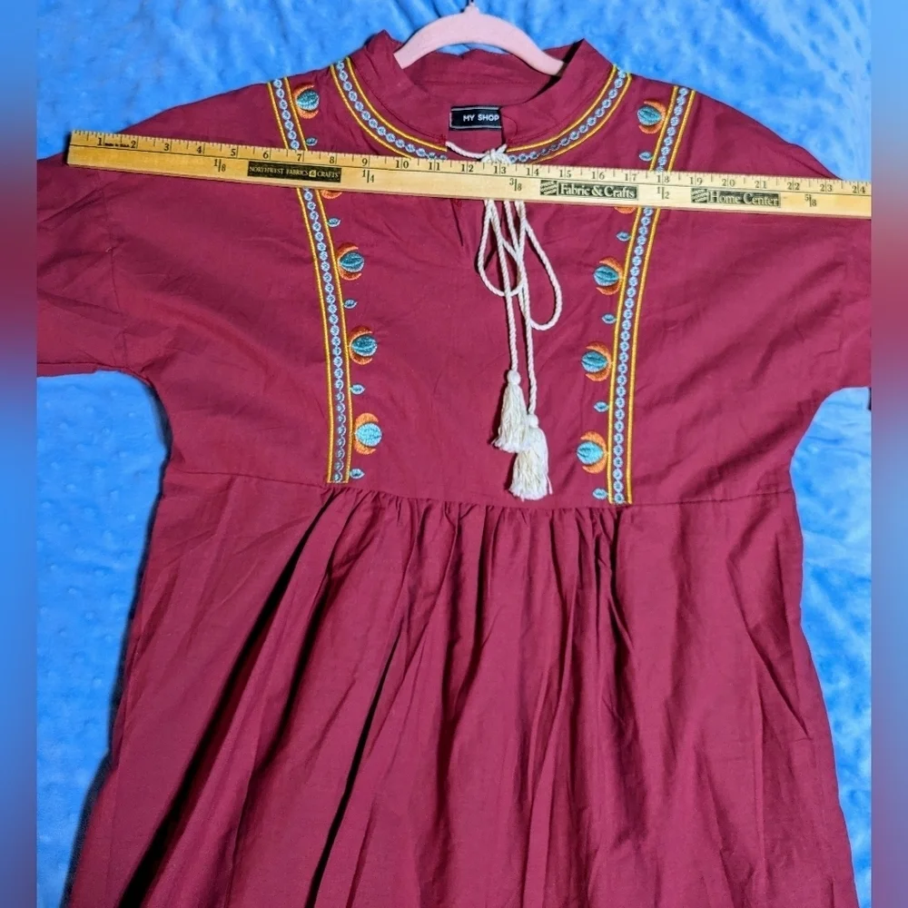 Boho Embroidered Burgundy Peasant Mini Dress Floral Sleeve Festival‎ Cottagecore - Picture 7 of 11
